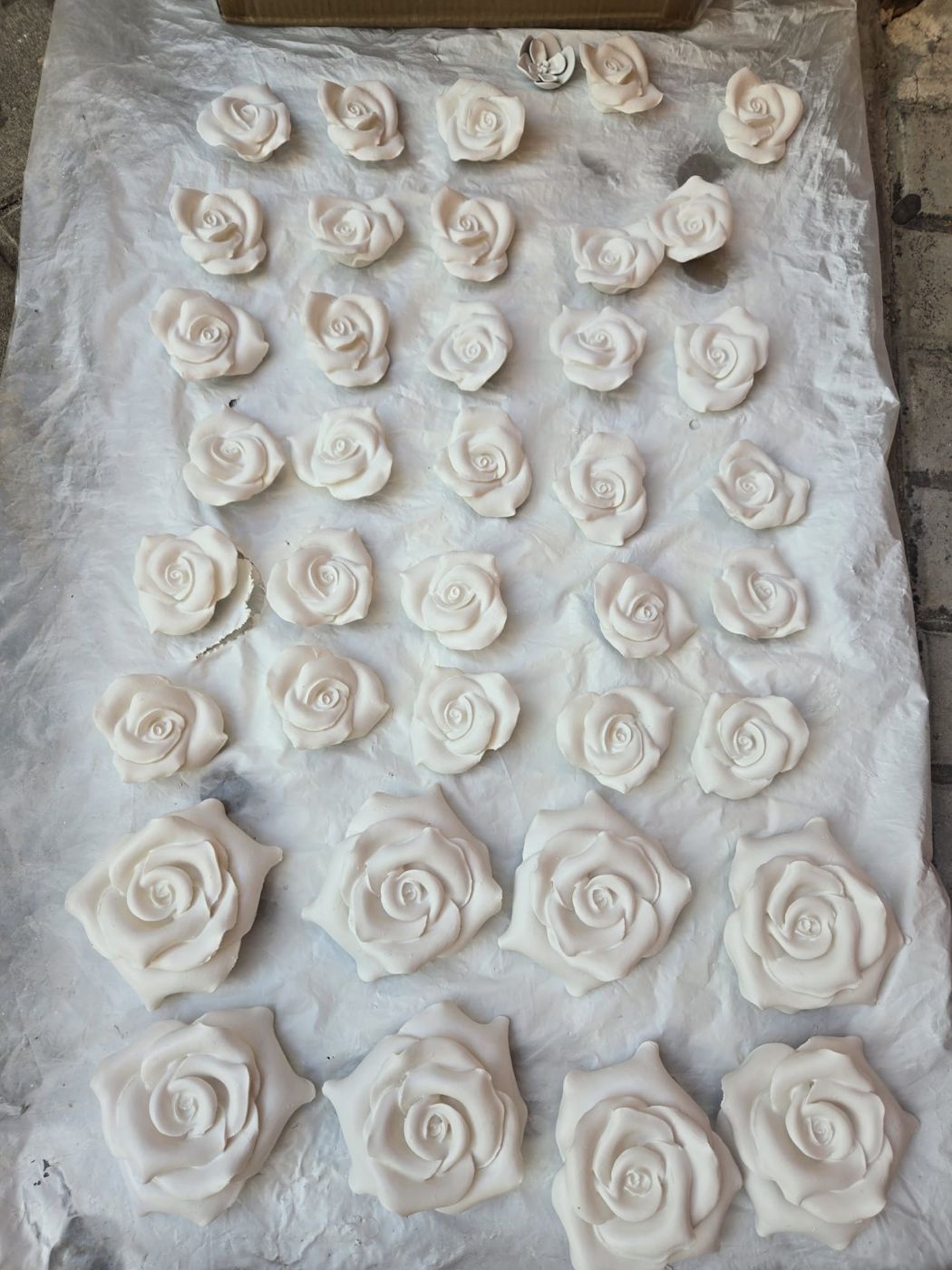 Rosas blancas impresas en 3D de varios tamaños secándose sobre una lámina